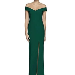 Dessy Collection Off-the-Shoulder Criss Cross Back Trumpet Gown Hunter Green